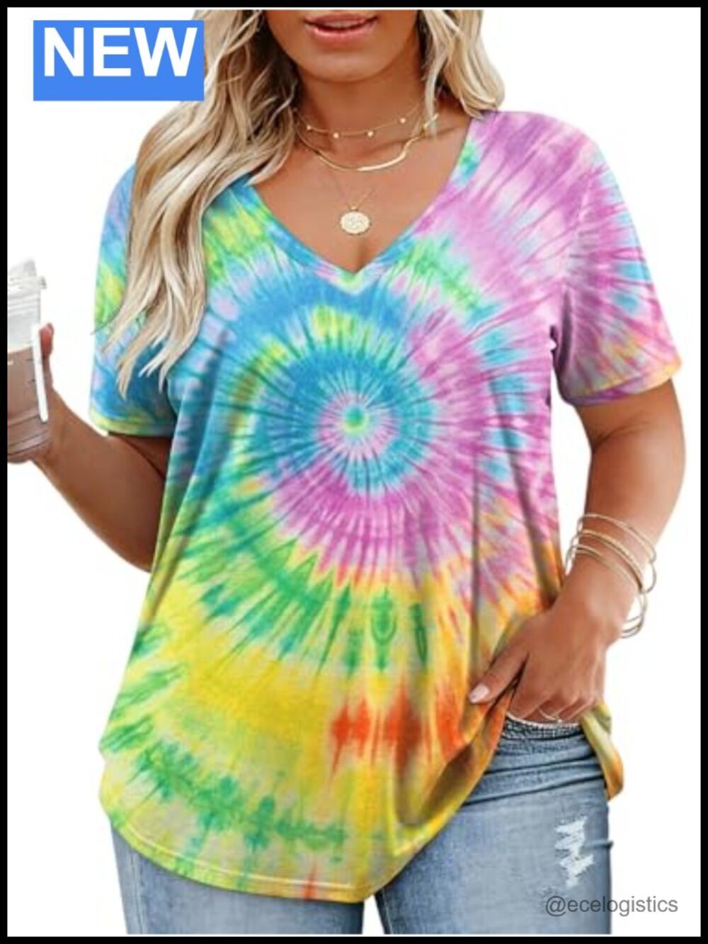 Plus Size Boho Floral Print V-Neck Loose Fit Short Sleeve Tee Shirt Top